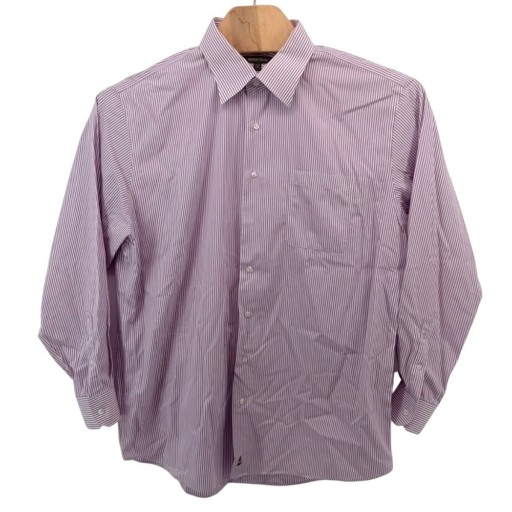 Nordstrom Smartcare Mens 17.5 35 Purple‎ White Striped Wrinkle Free Dress Shirt